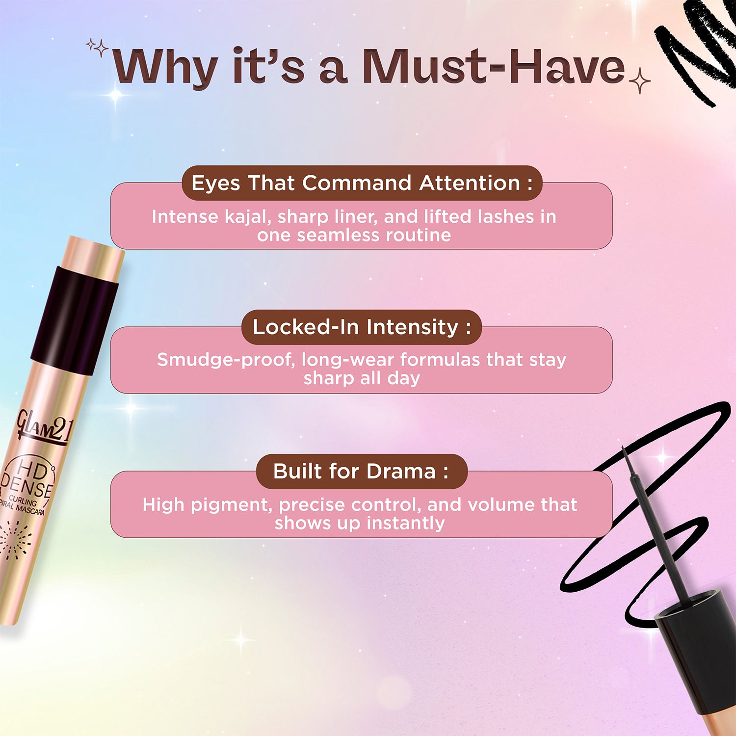 Eye Makeup Trio Combo –Mascara & Eyeliner & Kajal