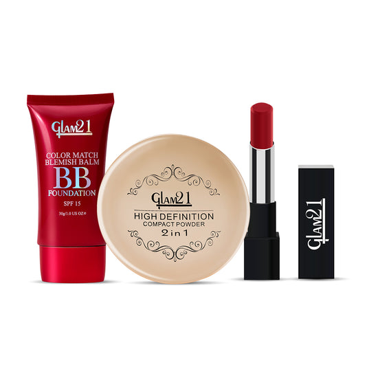 Glam21 Velvet Beauty Fusion makeup combo with BB Foundation, Compact Powder & Ultra Velvet Lipstick  (Pack of 3)