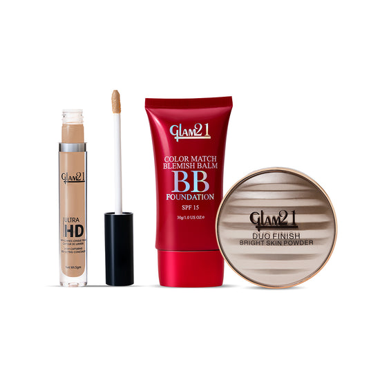 Glam21 Perfect Finish Kit: Concealer, BB Foundation & Duo Finish Compact Powder (Pack of 3)