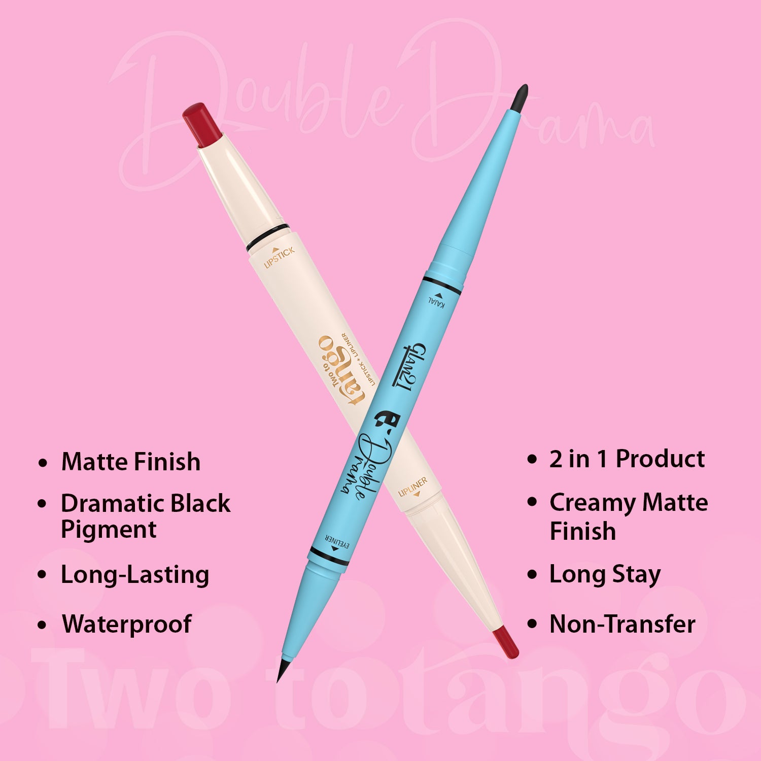 Two To Tango Lip Liner + Lipstick & Double Drama Kajal+ Eyeliner