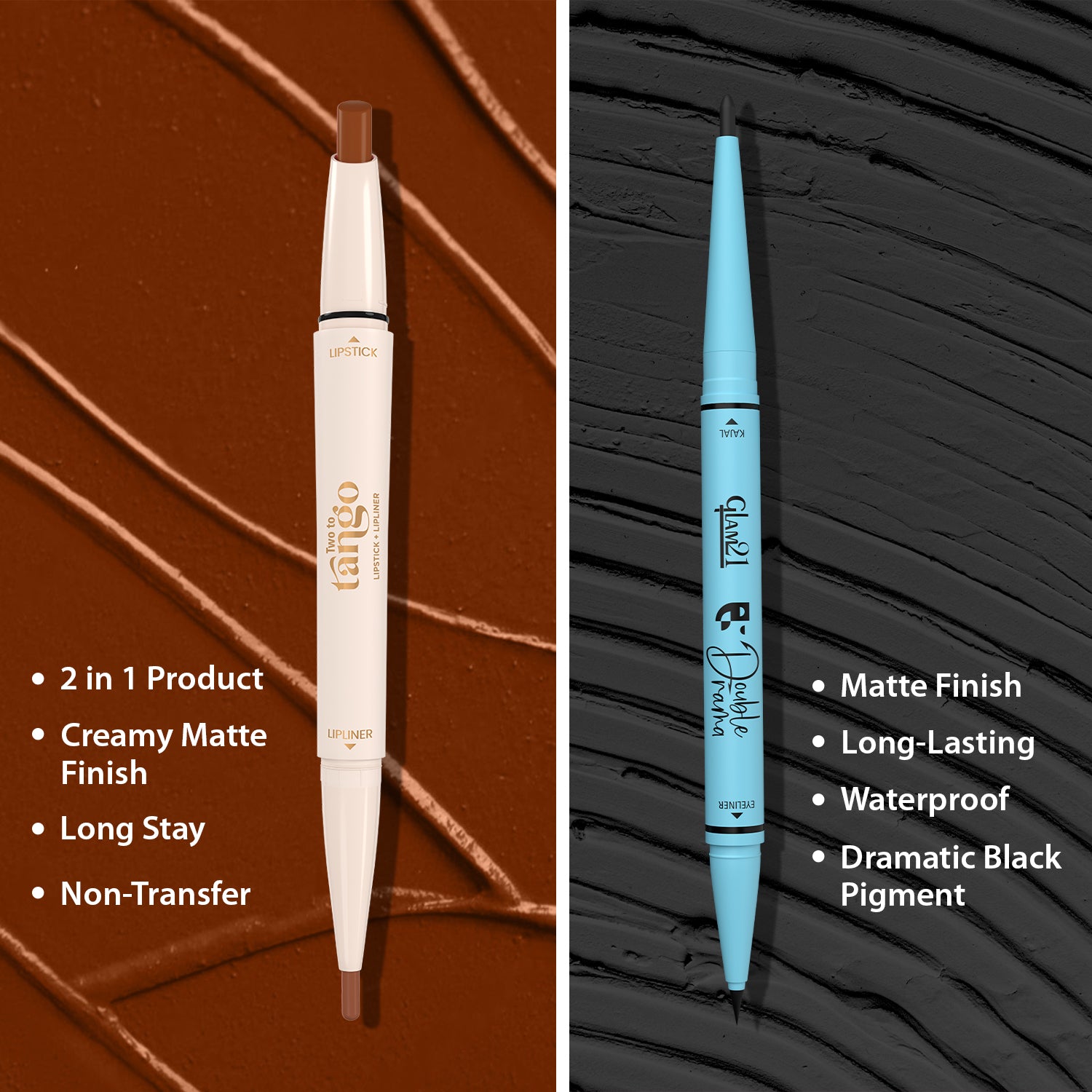 Two To Tango Lip Liner + Lipstick & Double Drama Kajal+ Eyeliner