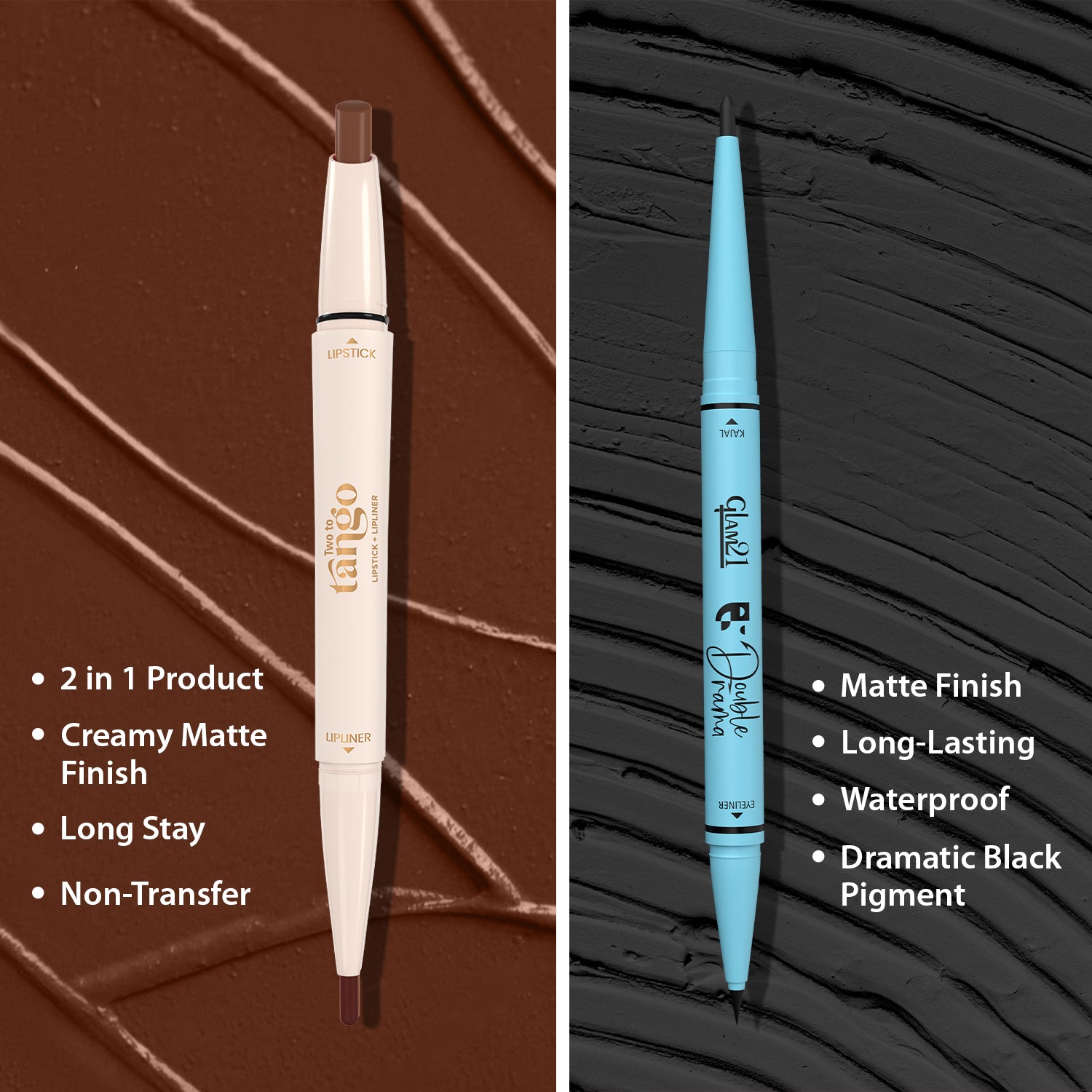 Two To Tango Lip Liner + Lipstick & Double Drama Kajal+ Eyeliner