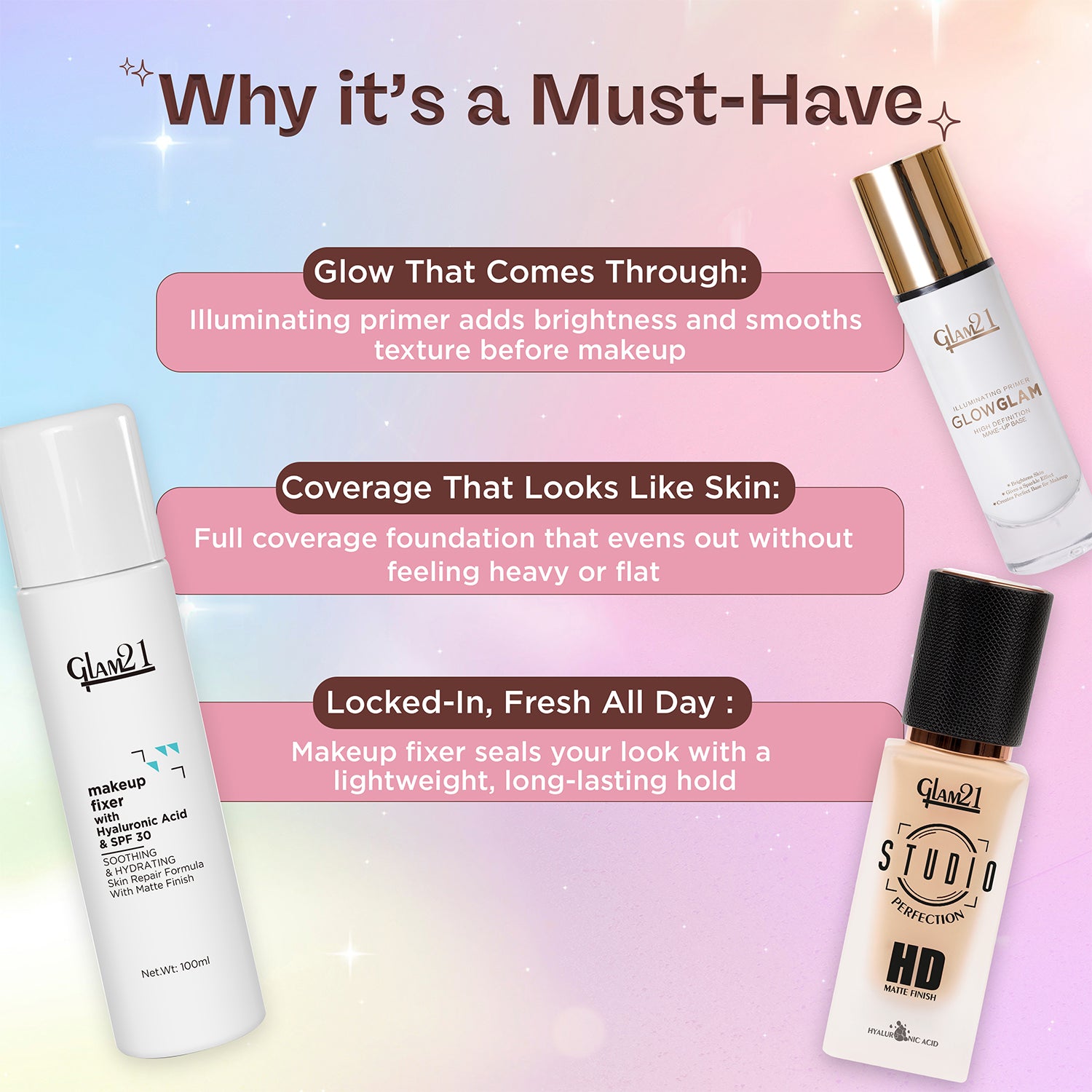 Complete HD Makeup Base Kit with Primer, Foundation &amp; Makeup Fixer Spray