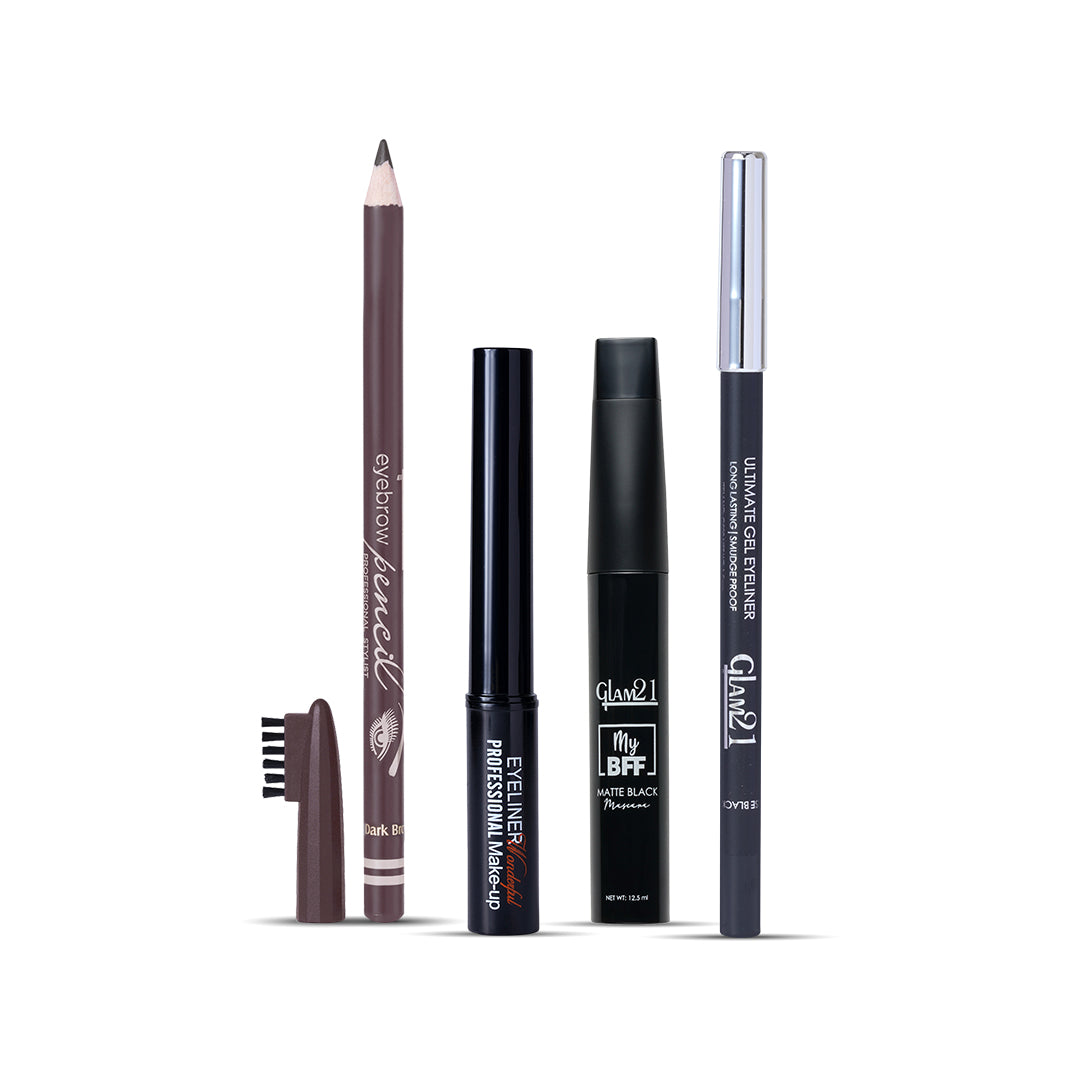 Glam21 Eye Couture Bundle with Eye Liner, Mascara, Eyebrow Pencil &amp; Kajal (Pack of 4)