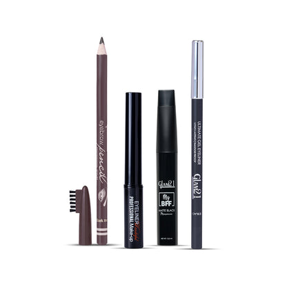 Glam21 Eye Couture Bundle with Eye Liner, Mascara, Eyebrow Pencil &amp; Kajal (Pack of 4)