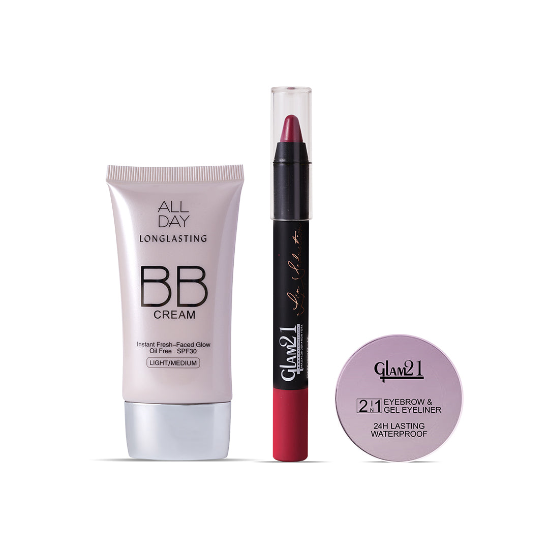 Glam21 All-Day Perfection Pack With BB Cream, Lipstick &amp; 2-IN-1 Eyebrow &amp; Gel Eyeliner (Pack of 3)