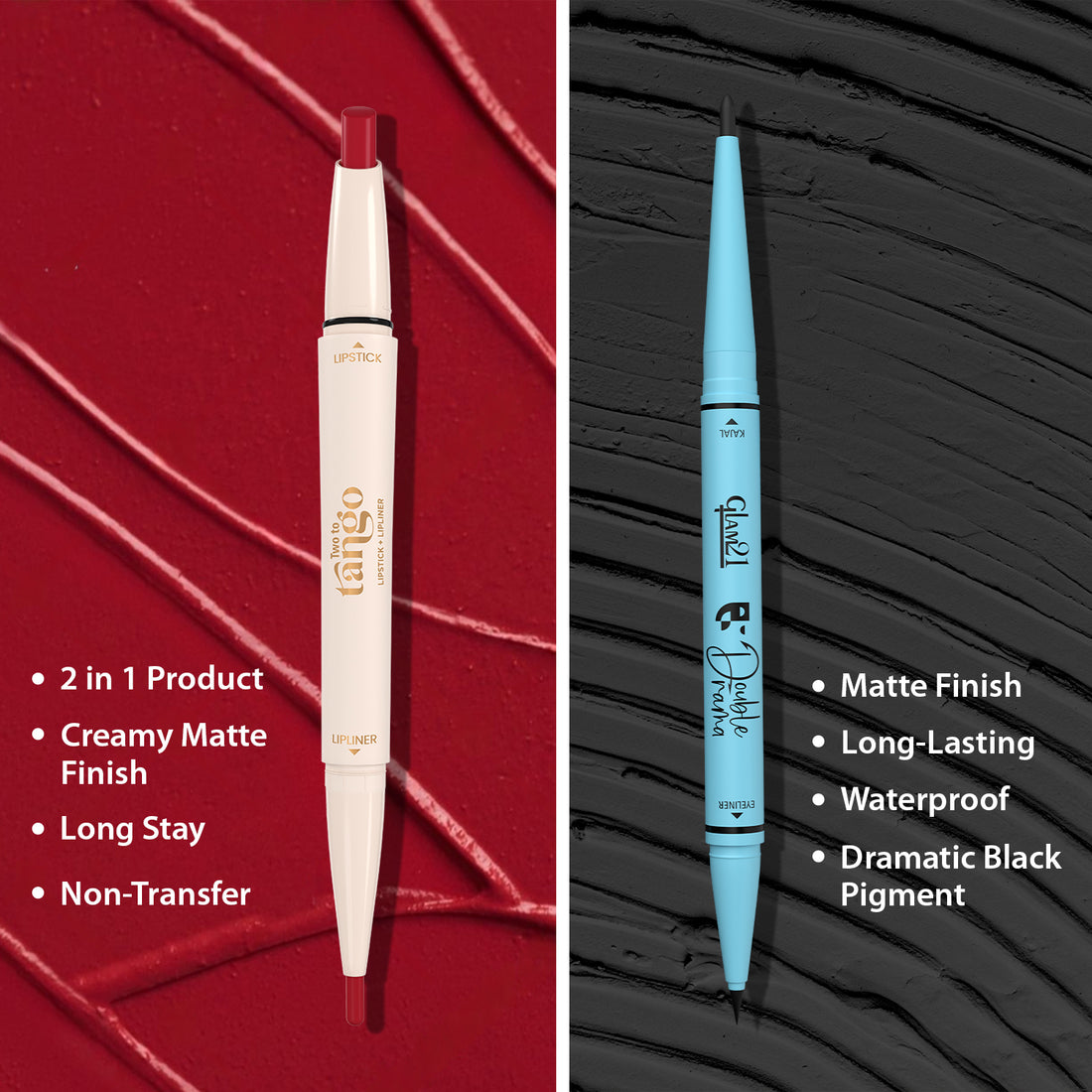 Two To Tango Lip Liner + Lipstick &amp; Double Drama Kajal+ Eyeliner